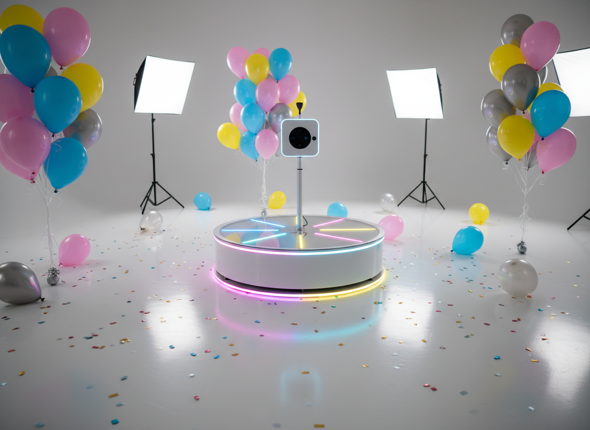 A vibrant, glossy 360 photobooth with a sleek, circular pedestal base and a transparent rotating platform, illuminated by integrated neon lights in bold pink, blue, and yellow hues. The photobooth is set up in the center of a festive room with confetti scattered on a smooth white floor, clusters of oversized helium balloons in rounded shapes hovering nearby. Bright, diffused studio lighting creates energetic reflections and subtle shadows, amplifying the sense of fun. Captured from a slightly elevated, wide-angle perspective to showcase the entire setup, the composition is dynamic but balanced, with sharp focus throughout and a vivid, playful mood. The photographic realism style captures every whimsical detail, creating an inviting look for an event-focused website.