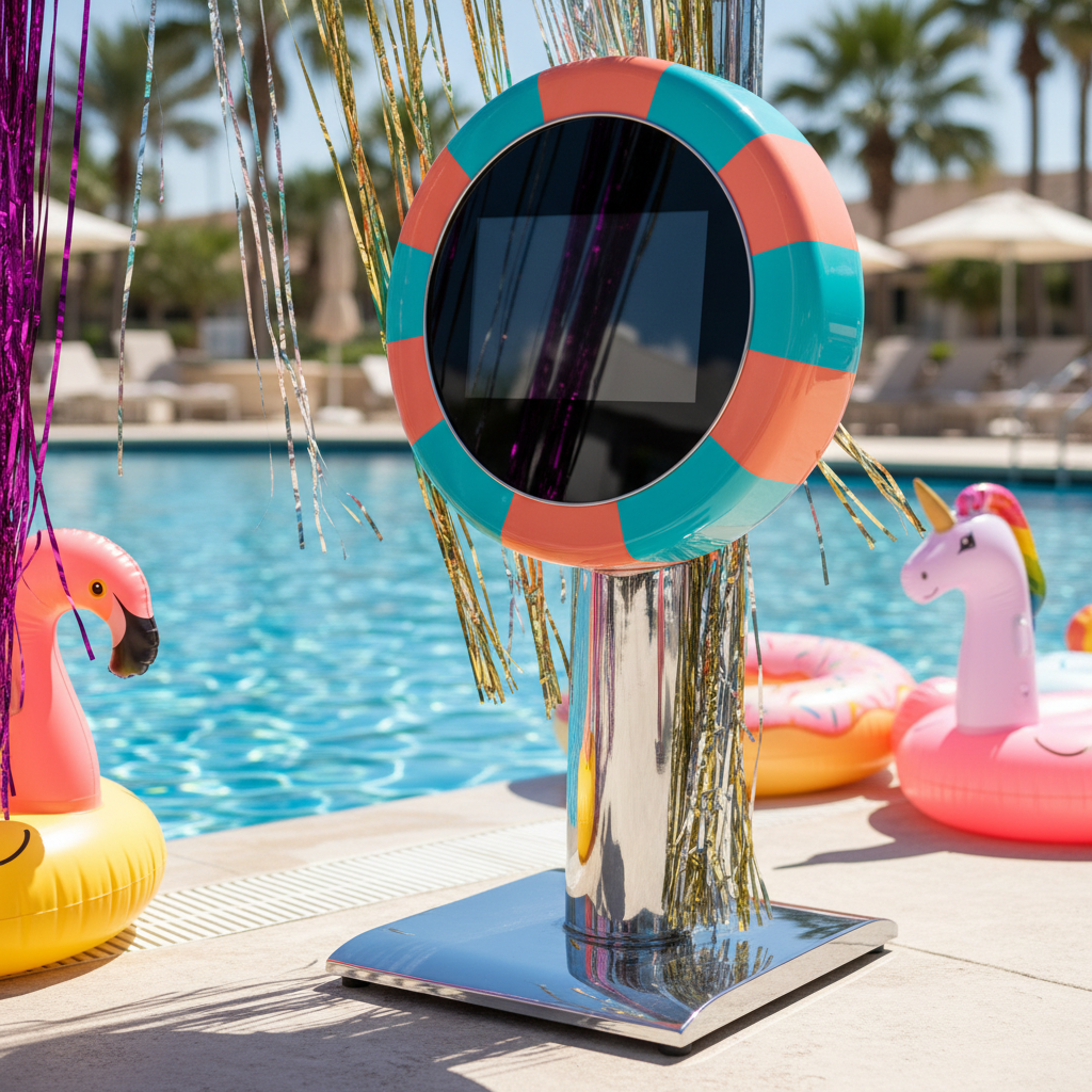 A polished, high-gloss selfie stand featuring a rounded touchscreen frame in playful turquoise and coral tones, standing confidently on a curved chrome base. The device is positioned at the edge of a poolside patio, surrounded by brightly colored inflatable pool toys and shimmering metallic streamers. Crisp midday sunlight casts lively highlights on the stand’s smooth surfaces, while reflections dance on the surrounding decorations. Shot from an eye-level angle with a generous depth of field, the composition accentuates the selfie stand’s accessibility and energy. The overall look is vibrant, cheerful, and distinctly photographic, perfectly expressing a mobile event’s excitement and fun-loving spirit.